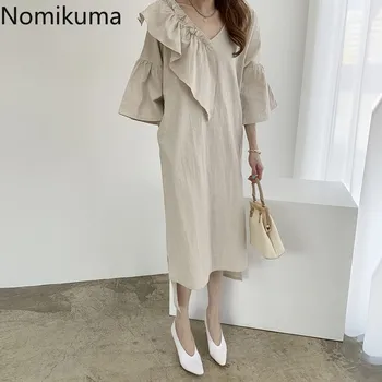 

Nomikuma Korean Sweet Women Dress Cotton Linen Irregular Midi Dresses 2020 Summer Ruffle Short Sleeve V Neck Vestidos 6A474