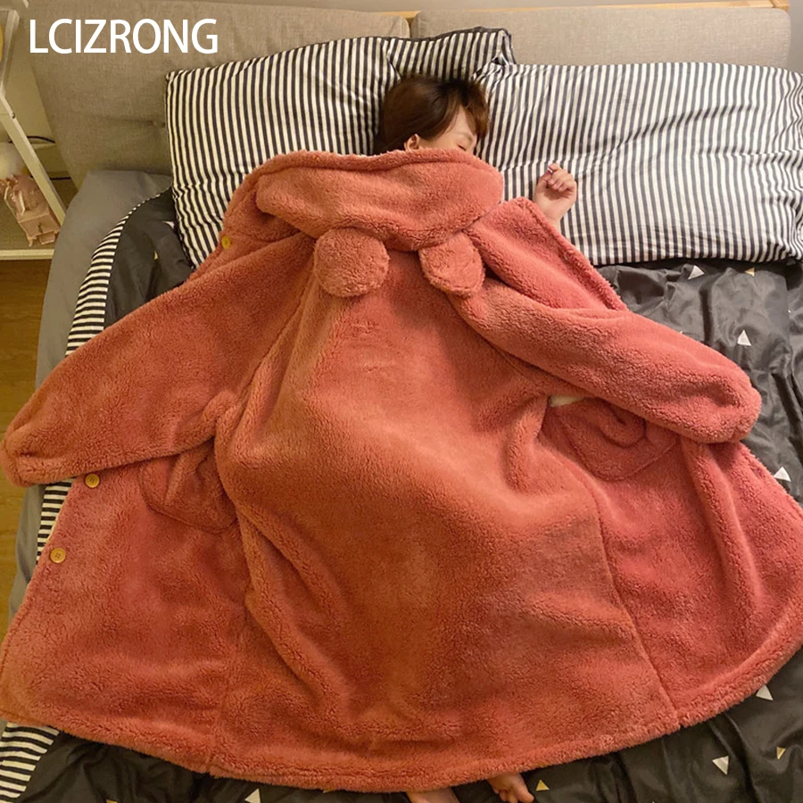 Зимний теплый свободный халат с капюшоном, Женский плотный Халат средней длины с длинным рукавом, халат на пуговицах из кораллового флиса, Женская домашняя одежда