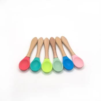 

Small Mini Silicone Spoon with Wood Handle Kids Children Flatware Spoons