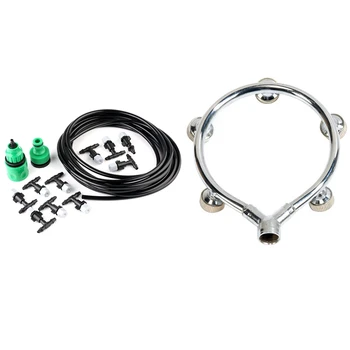 

5M Garden Misting Cooling System 10 Plastic Mist Nozzle Sprinkler & Stainless Steel Fan Ring with 5 Nozzle Seats Sprayer