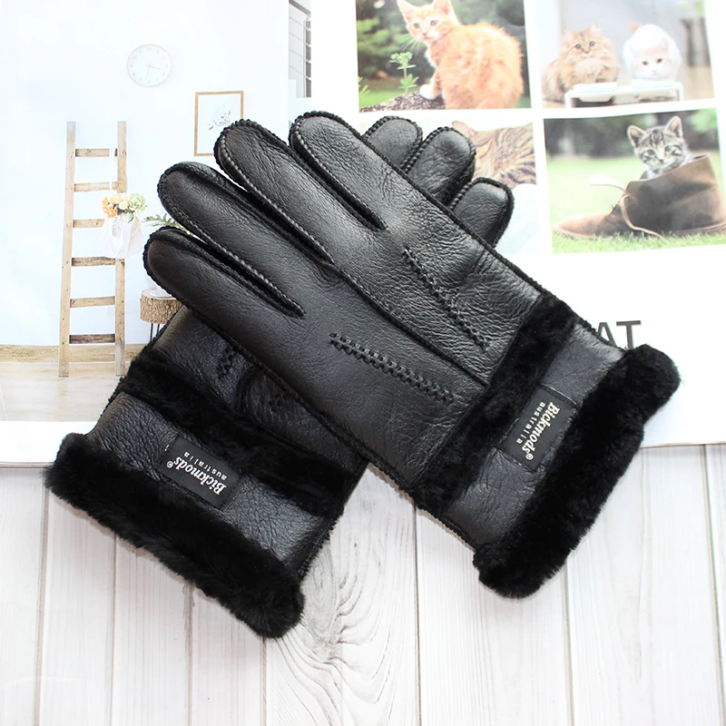 Winter Thick Warm Sheepskin Fur Gloves Men's Fashion Leather Windproof and Cold-Proof Wool Outdoor Driving Dloves Points