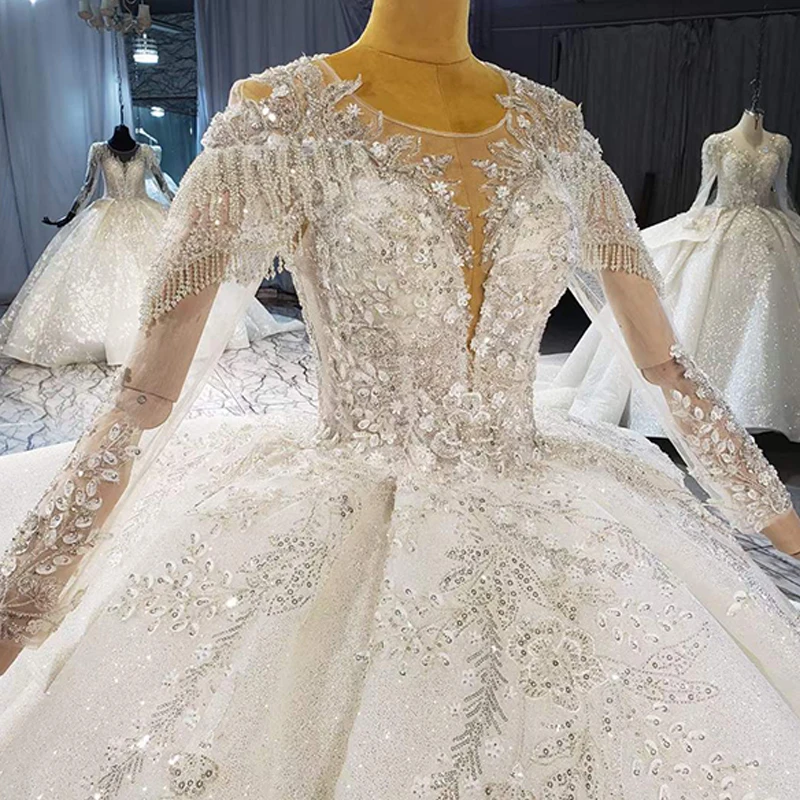 HTL2049 Elegant Extravagant Sequin Crystal Pearls Wedding Dress 2021 Sexy V-Neck Long Sleeve Lace Up Back 4
