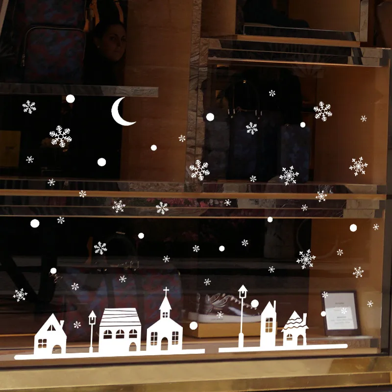 Наклейка для рождественского магазина, украшение для окна, наклейка на стену, детская комната, сделай сам, снег, Рождество, снежинки, обои с изображением города, украшение#45