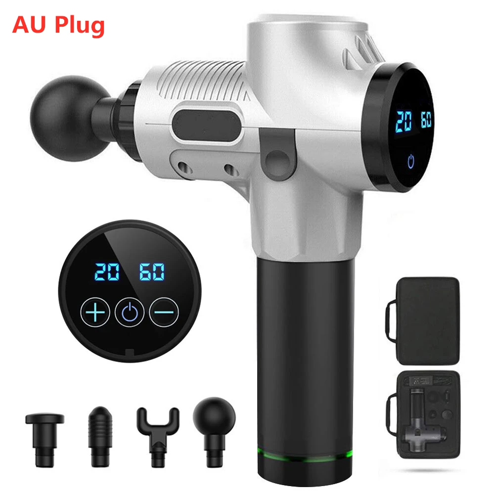 Silver AU Plug 3300р/мин высокочастотный Вибрационный мышечный массажер пистолет обезболивающий и формовочное оборудование глубокий массаж ткани терапия с мешком - Цвет: Silver AU Plug