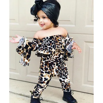 

Infant Baby Girl Leopard Outfit Ruffle Long Sleeve Off Shoulder Top+Pants Baby Girl Spring Autumn Clothes Set 2Pcs