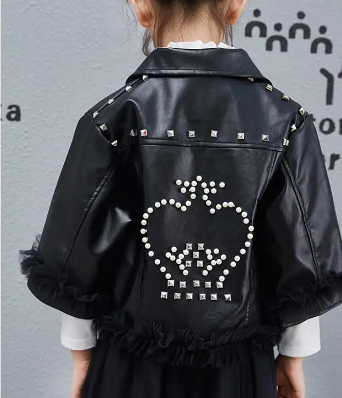 Fashion baby girls pearl riveting Pu leather jackets Teenage mesh patchwork Good quality coats outerwear tops 4-12Y ws1012