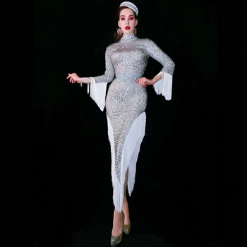 

Sparkly White Fringes Dress Singer Performance Tassels Dresses Party Celebrate Glisten Rhinestone Costume Long Sleeve Long Dress