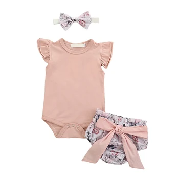 

Summer Newborn Infant Clothes Set Baby Girls Flying Sleeve Romper Tops+Flower Print Big Bow PP Shorts+Headband 3pcs Clothes Hot