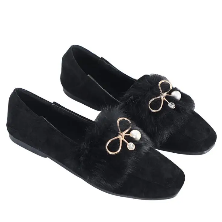 

2019 new autumn and winter Women's cotton shoes fashion square head metal bowknot rabbit fur flats women shoes