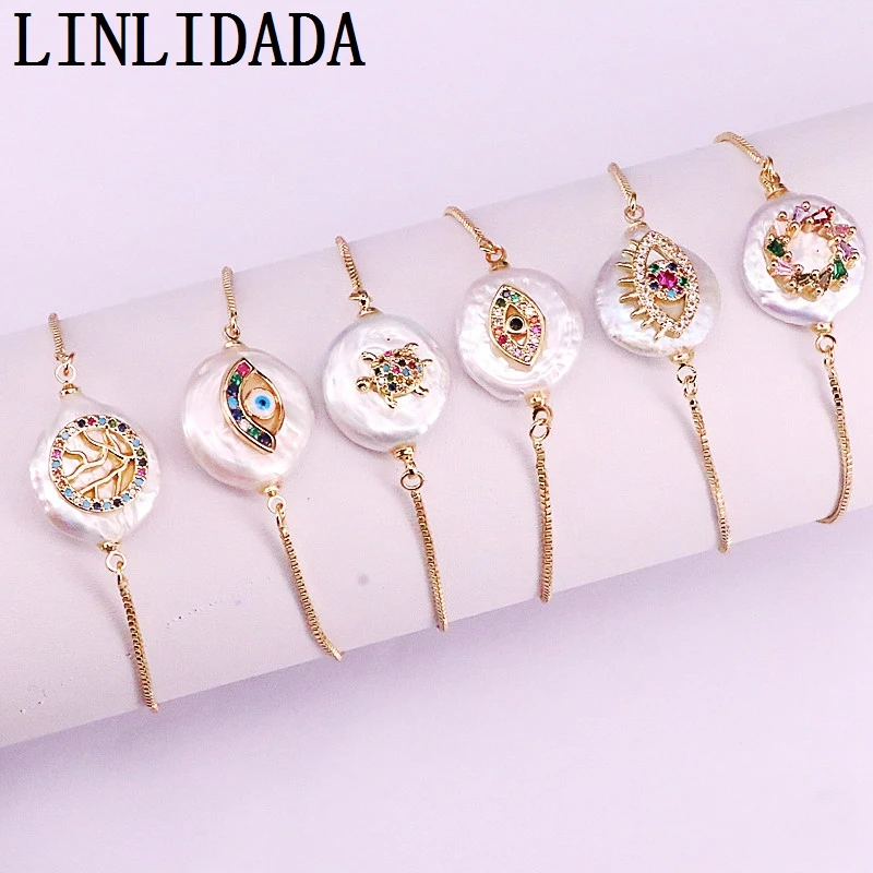 

8Pcs Fashion Rainbow Cubic Zirconia Micro Pave Charm Round Freshwater Pearl Connector Bead Link Bracelet For Women Girl