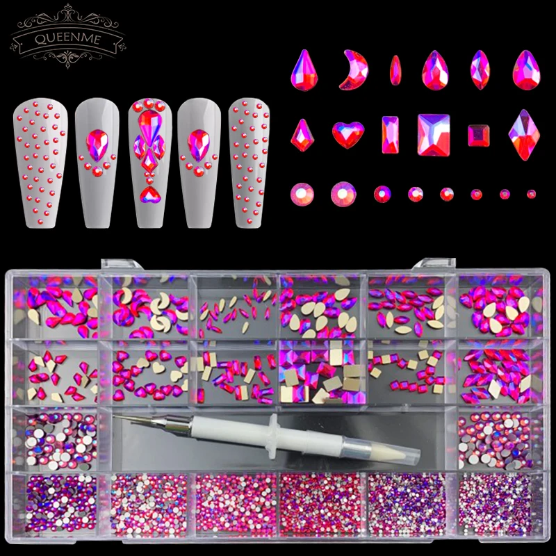

Mixed AB Glass Crystal Diamond In Grids 14 Shape And SS4-SS20 Flatback Nail Art Rhinestone Set With 1 Pick Up Pen