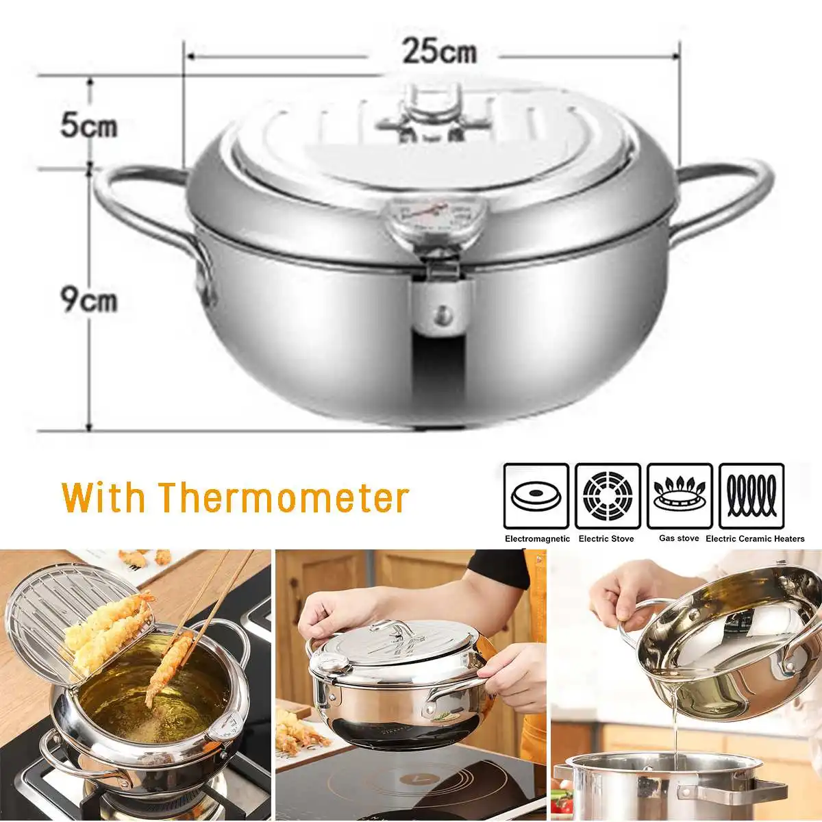 Japanese Deep Frying Pot With A Thermometer And A Lid 304 Stainless Steel  Kitchen Tempura Fryer Pan 20 24 Cm - Pans - AliExpress