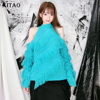 

XITAO 2020 Spring New Sexy Off-shoulder Sweater Vintage Tassel Turtleneck Knitwear Lazy Oaf Loose Trend Pullover Women XJ3332
