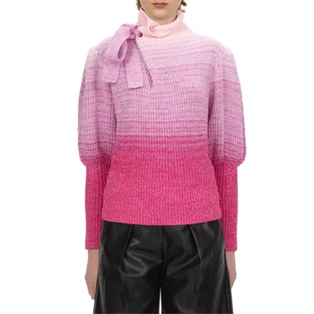 

Elegant Bow Turtleneck Long Sleeve Pull Femme 2020 Autumn Winter Pink Patchwork Loose Casual Knitted Sweater Women