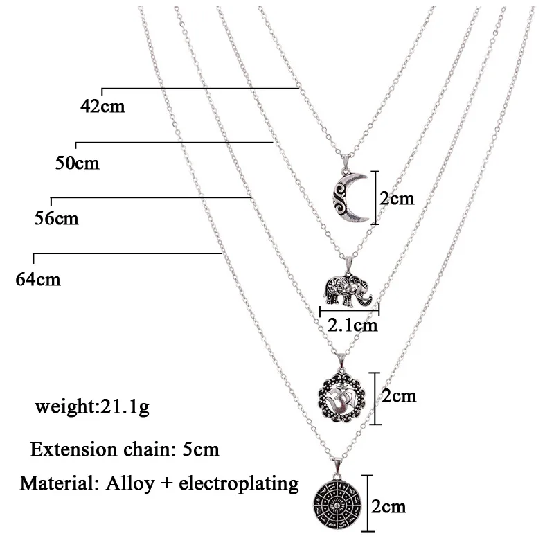 Bohemia Elephant moon multilayer necklace with alloy for women statement necklace with zinc pendant necklace wholesale