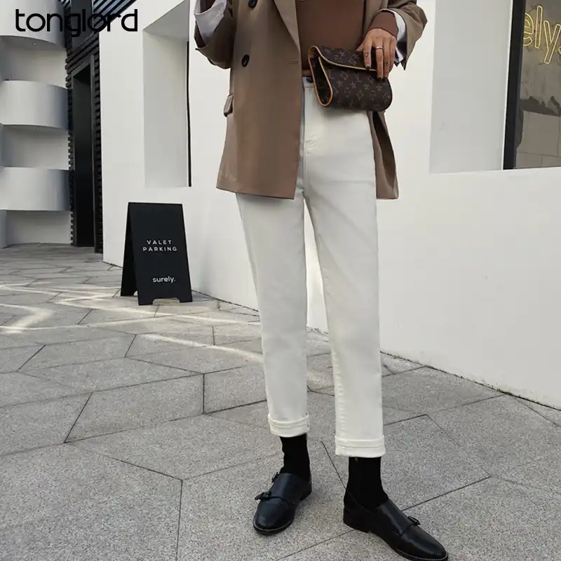 女性ホワイトol足首までの長さストレートジーンズ21春夏ハイウエスト弾性エレガントなデニムパンツmujerパンタロン新ファッション Pants Capris Aliexpress