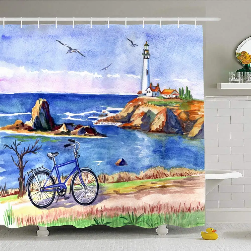 

Shower Curtain Set with Hooks 72x72 Tourism Seascape Lighthouse Bicycle View Sun Watercolor Road Travel Panorama Painting