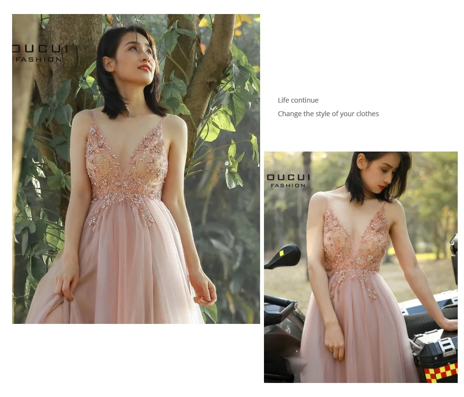 Oucui Dusky Pink Handmade Beaded Prom Dresses 2020 Long Spaghetti Strap See Through Grey Tulle Evening Gown Vestido De Festa