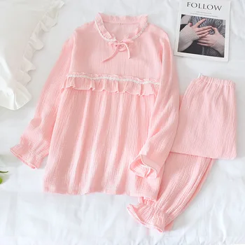 

Pure Cotton Ladies Nursing Pajamas Double Gauze Confinement Clothes Crepe Breastfeeding Clothing Simple Maternal Suit Summer