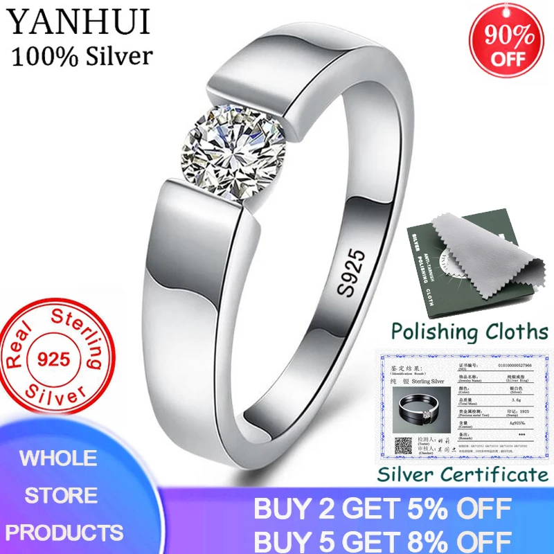 YANHUI с сертификатом, 925 пробы серебряные кольца для пар, 0,75 карат, Диамант CZ, обручальные кольца для мужчин и женщин ZRD10