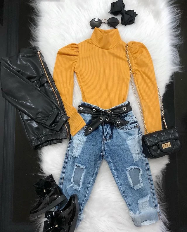 2-7Y Autumn Fashion Girls Clothing Sets Solid Knitted Turtleneck Puff Long Sleeve Sweater+Ripped Hole Pants Jeans Outfits | Детская