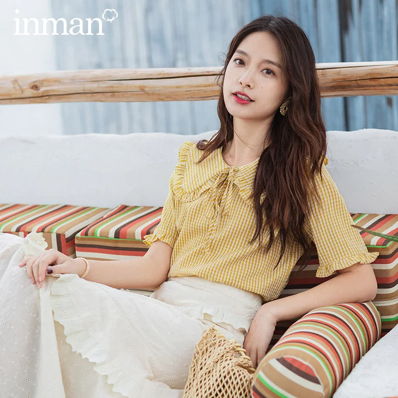 

INMAN 2020 Summer New Arrival Bowkont Contrast Color Plaid Stringy Selvedge Loose Sweet Short Sleeve Blouse