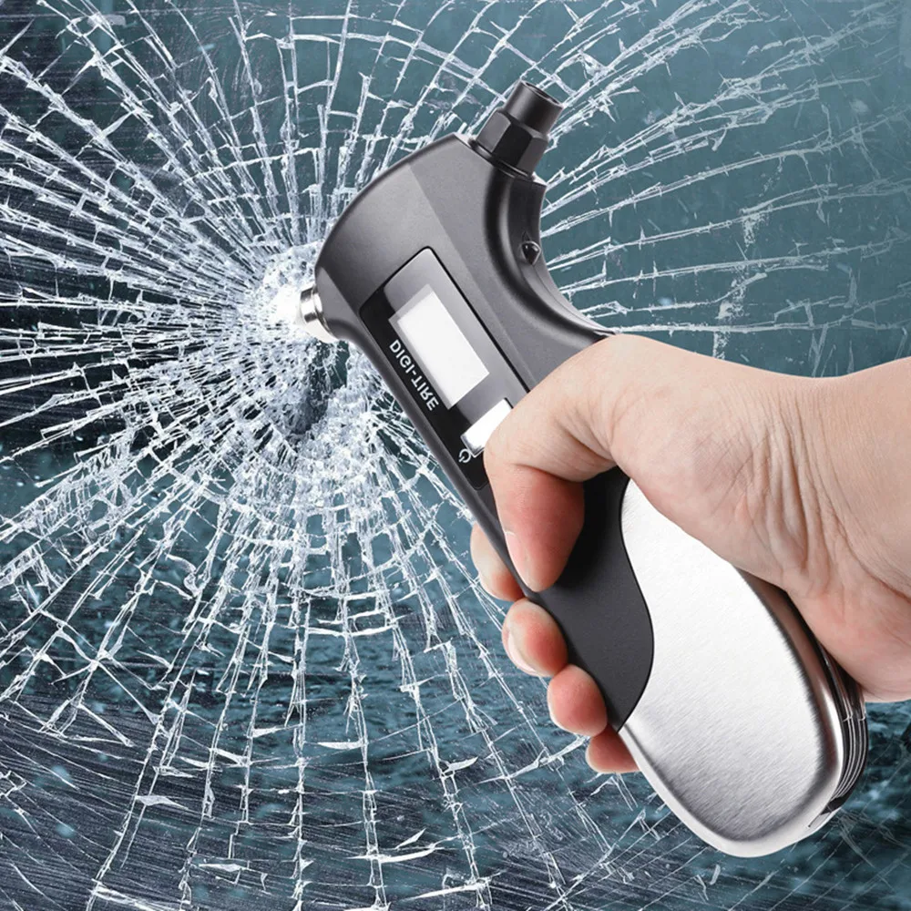 Lifesaving safety hammer flashlight car emergency tool digital display tire pressure detector gauge lighting light tools knife