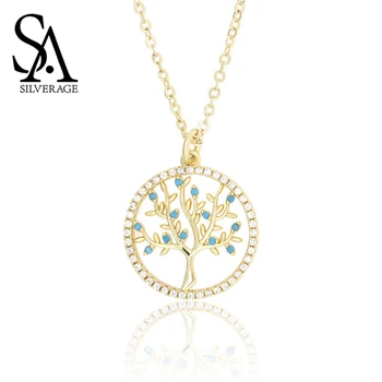 

SA SILVERAGE Pendant Necklace for Women Wholesale Lots Bulk 2019 New Style Zircon Tree of Life Necklace 14k Gold-plated Round