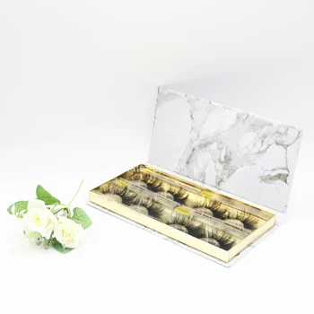 

White Marble Effect Mink Eyelashes Case 4 Pairs Lashbox Luxury Gold Paper Inside Box Custom Lash Case Packaging With Your Logo