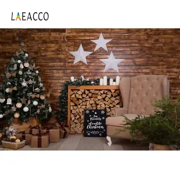 

Laeacco Christmas Tree Fairplace White Pentagram Garland Cone Toy Puppet Sofa Candle Gift Wooden Backdrop for Photograph