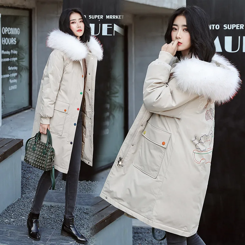 

Photo Shoot New Style Winter Korean-style Large Fur Collar Color Buttons Large Size Embroidered down Feather Cotton-padded Cloth