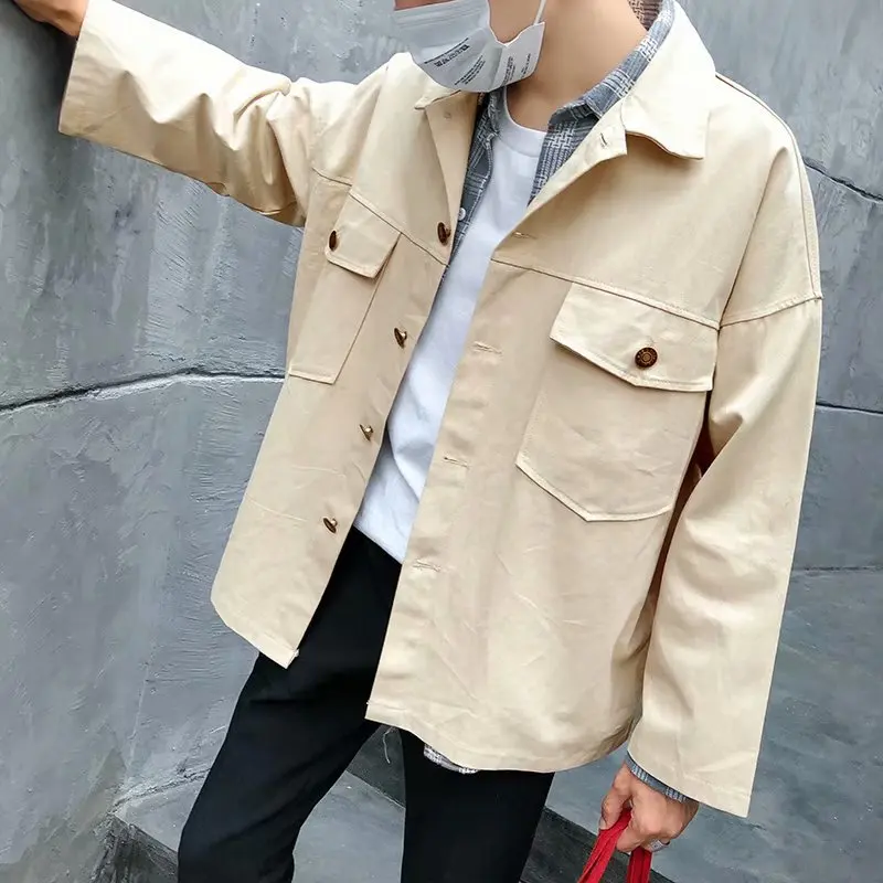 Coat Men's Spring And Autumn Korean-style Trend Loose-Fit Handsome MEN'S Coat Casual Autumn Cowboy Workwear Solid Color Jacket F
