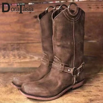 

DORATASIA Retro Female Square Toe Buckle Mid Calf Boots 2020 Metal Winter Boots Women Casual Daily Low Heel Shoes Woman