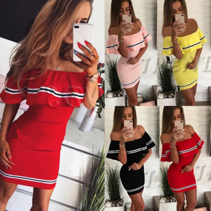 

Shoulder Shoulder Cuts Dress up Women Summer Clothes Beach Casual Shirt Short Mini Party Clothes Robe Femme