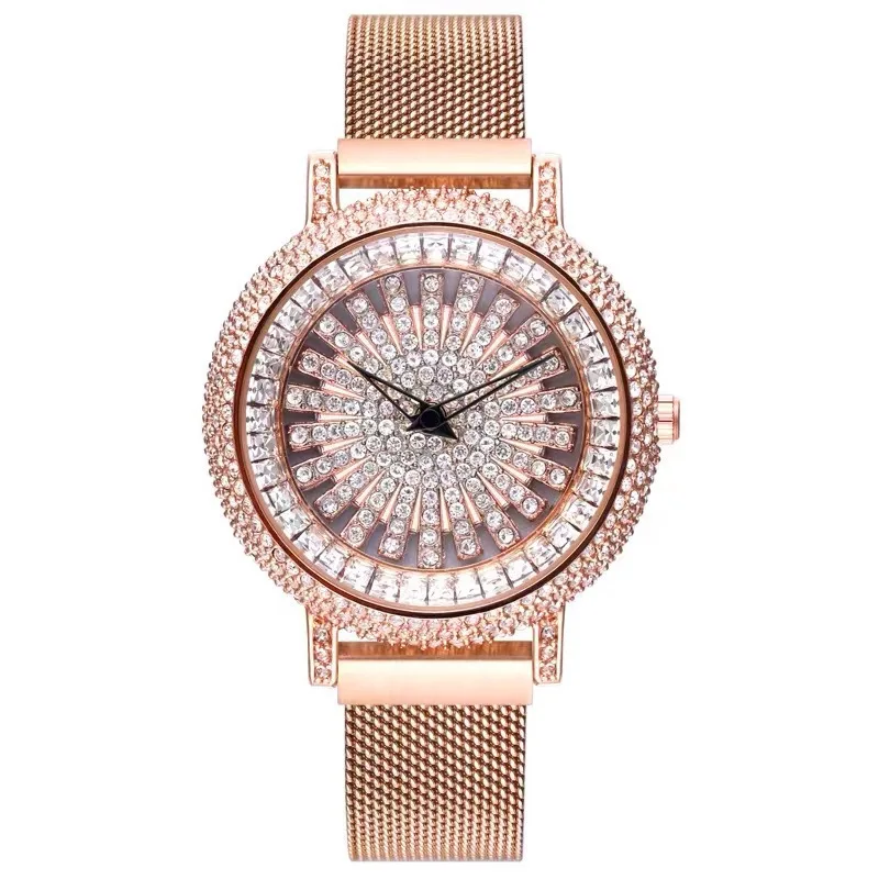 Блестящие женские часы с бриллиантами, модные брендовые женские наручные часы, ремешок для часов из нержавеющей стали, вращающийся циферблат, оригинальные кварцевые женские часы