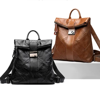 

SJB-10 women backpack 2019 Fashion new korean Solid leather backpack Zipper & Hasp travel backpack Patchwork Diamond Lattice