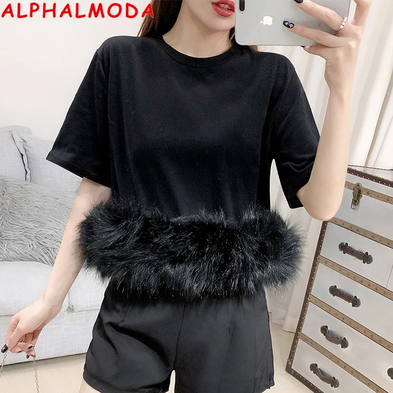 ALPHALMODA, весна, новинка, Джокер, простой пуловер, короткий рукав, футболка для женщин, меховая отделка, пэчворк, модная футболка, черный, белый