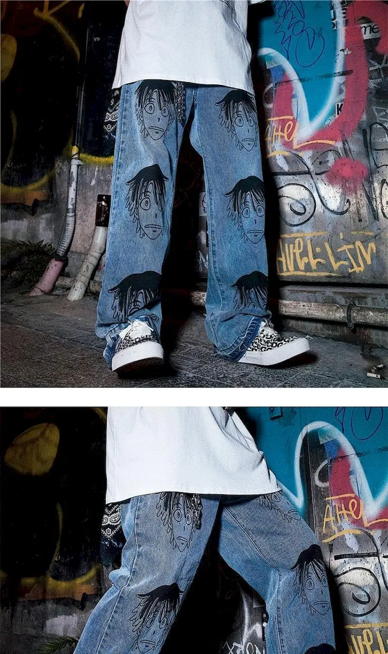 Calças de Cintura Calças de Brim Larga em Linha Nicemix Anime Alta Femininas Sweatpants Perna Reta Tamanho Grande Casual Streetwear Calças Casal Tornozelo-comprimento 8 Calças e capris