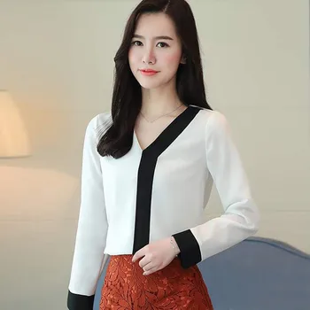 

Casual Goth Girlish Style Trendy Personality Korean V-neck Contrast Color Loose Long Sleeve Chiffon Shirt