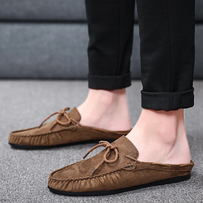 Man Mules Suede Leather Loafers Slipper Summer Male Moccasins Half Shoes For Men Casual Driving Shoes Masculino Mens Flock Flats