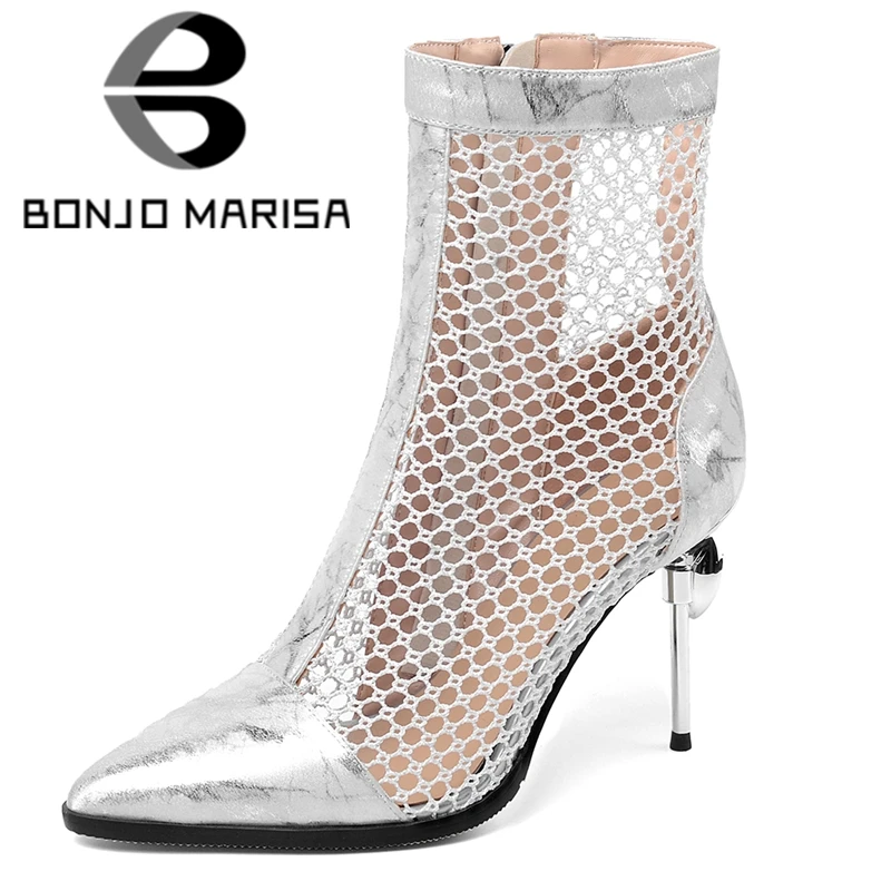

BONJOMARISA Plus Size 33-50 Sexy Female Summer Boots Metallic Thin Heels Boots Women 2020 Party Casaul Zipper Shoes Woman