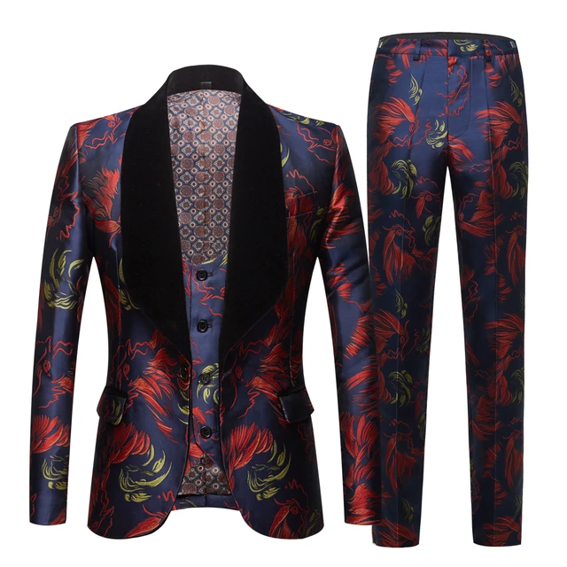 UNINUKOO Mens 3 Piece Suit Jacquard Floral Shawl Lapel Fancy Suits for Men  Wedding Party Prom Tuxedo Suit Set