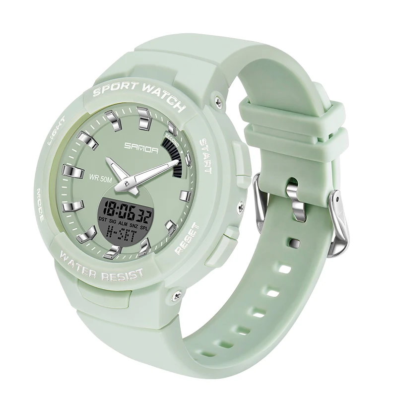 

SANDA Sports Military Men's Watches 5Bar Waterproof Dual Display Quartz Wristwatch For Male Clock Round Green zegarki meskie