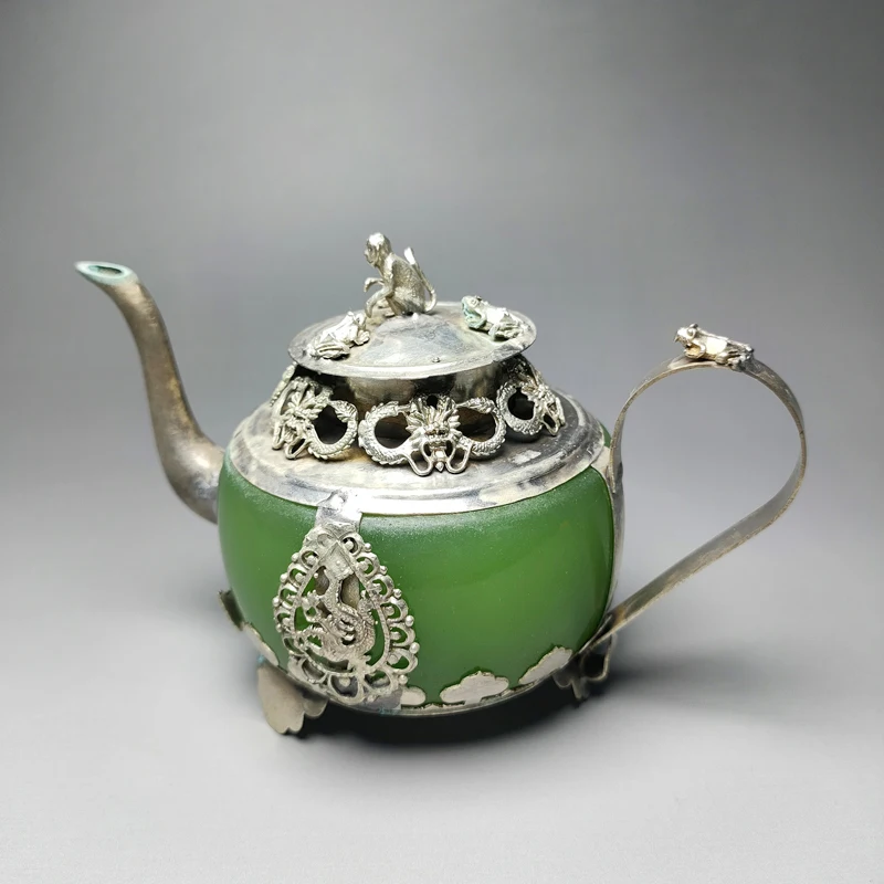 Collectible Decorated Old Handwork Jade Cloisonne Tibet Silver Dragon Tea Pot 