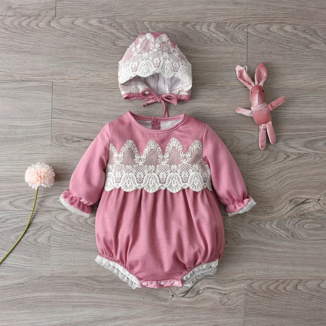 Spanish Baby Girl Romper With Hats Summer Newborn Lace Rompers Toddler Clothes Cute Baby Bodysuit Short Sleeve Infant Jumpsuit Long sleeve pink