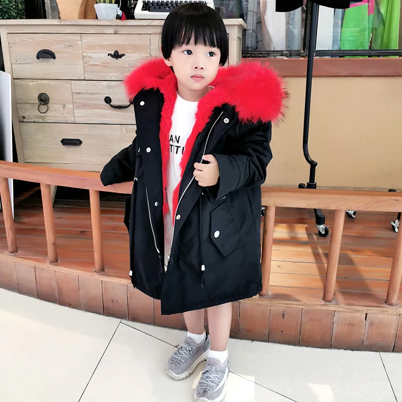 A1 Baby Boys Girls Wadded Jackets Hooded Real Rex Rabbit Fur Collar Parkas Long Thicken Warm Winter Padded Coat Children Outerwear - Цвет: A1