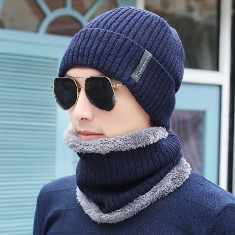 Зимние шапки для мужчин Skullies, шапка бини, зимняя шапка для мужчин и женщин, шерстяной шарф, шапка, набор s, Балаклава, маска, шапка, вязаная шапка - Цвет: Navy