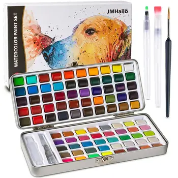 

90 Colors Solid Watercolor Painting Set Contains Shiny Glitter Metallic Neon Color 8 Sheets of 300 GSM Paper and 3 Water Brush