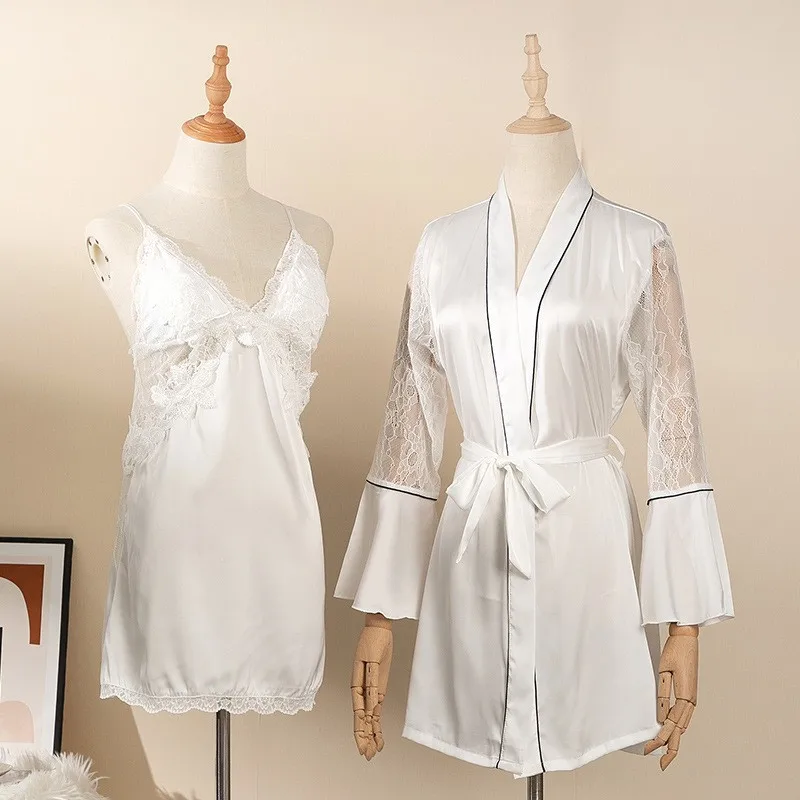 SEXY Women Lace Satin Patchwork Nightwear Casual Kimono Robe Set Summer New Short Home Clothing Sleepwear Intimate Lingerie