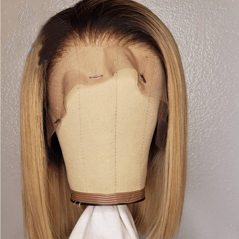 Frente do Laço Humanas com o Cabelo do Bebê para Mulher Remy Curto Ombre Loira 1b30 Cor Glueless Preplucked Transparente 13x 4 - 6 Perucas Bob 2 Per. tela base seda